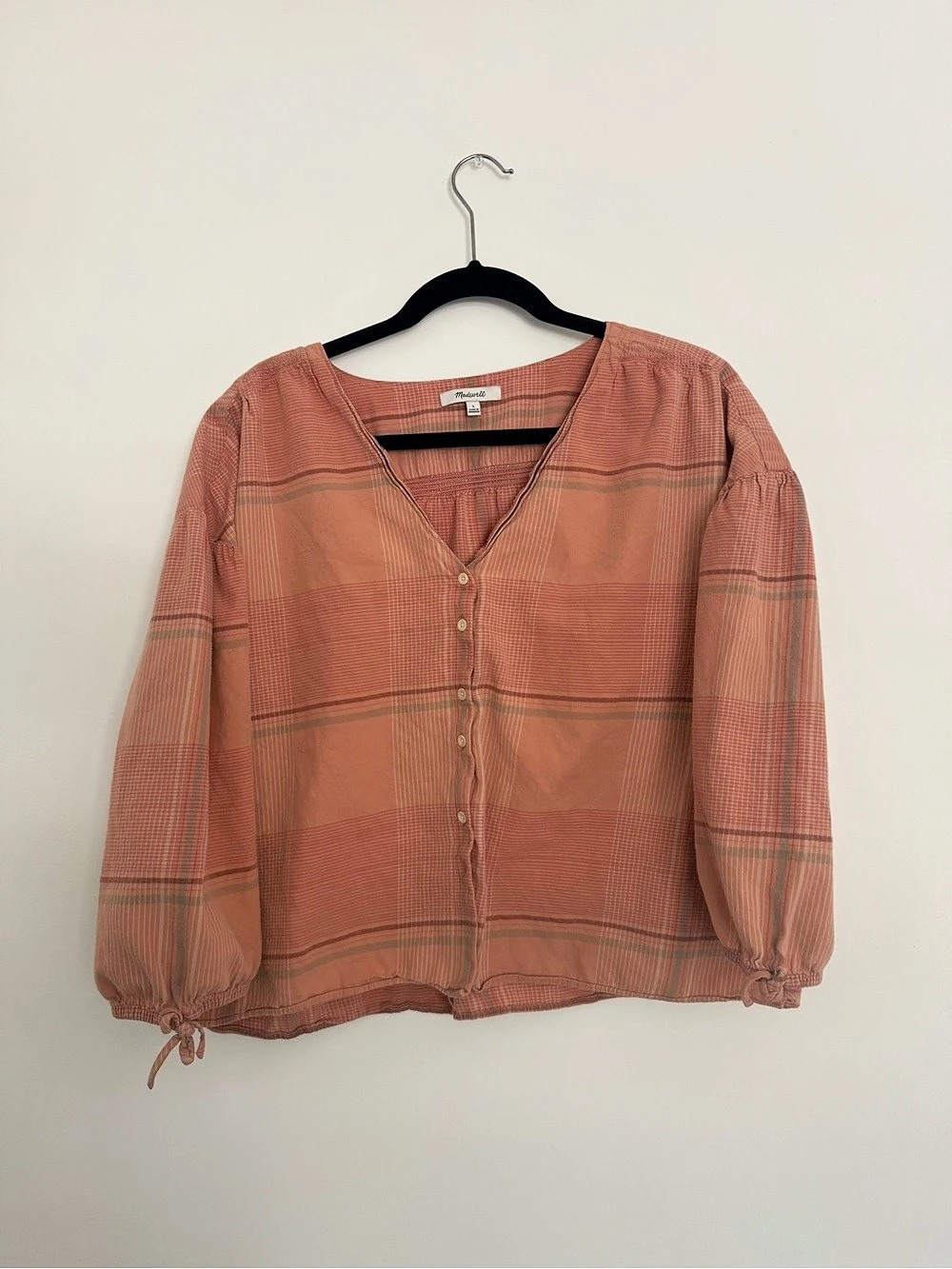 Madewell Gathered V-Neck Top in Plaid Top Large